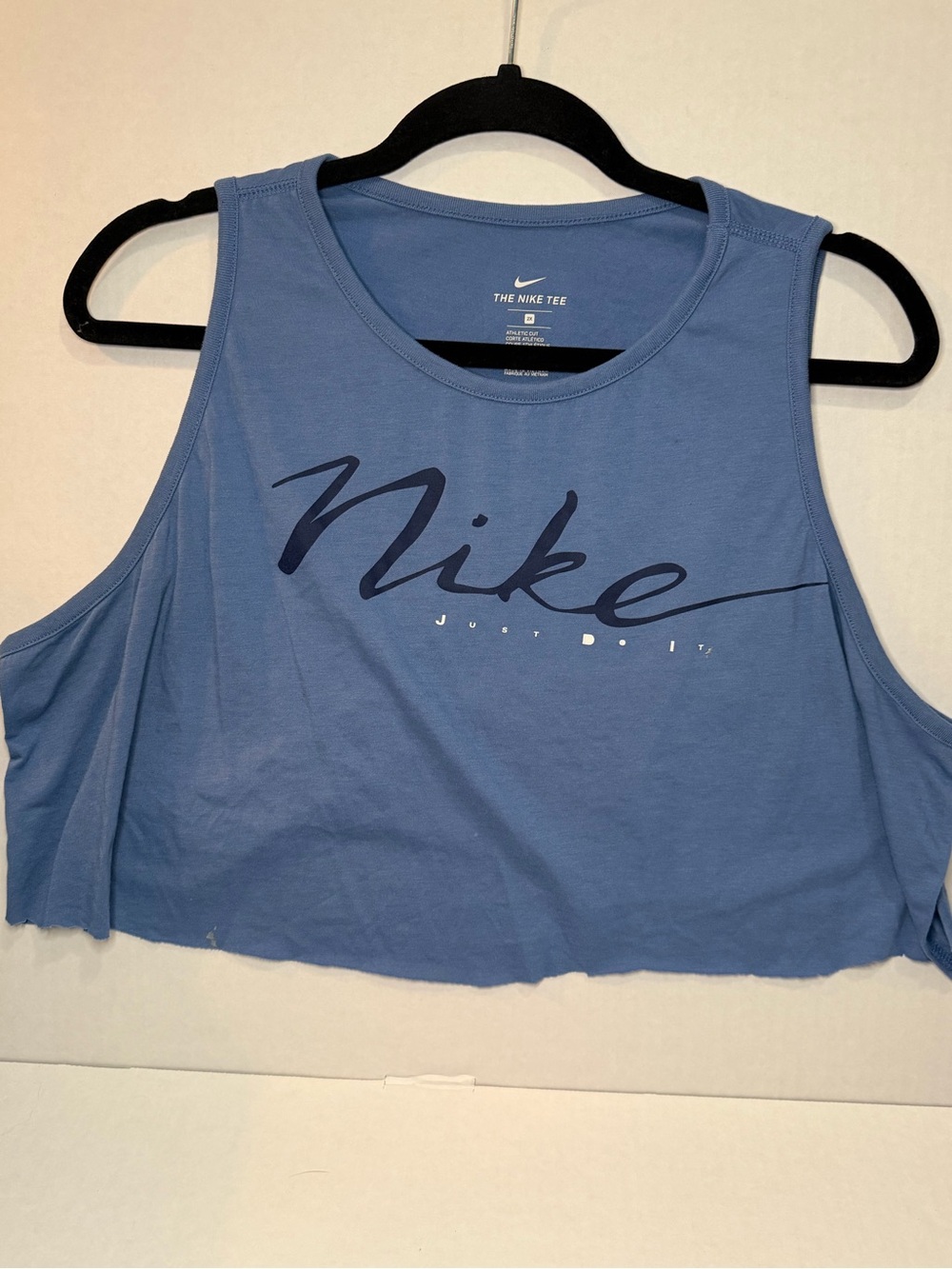 Nike Women's Dusty Blue Cropped Tank Top with Script Logo